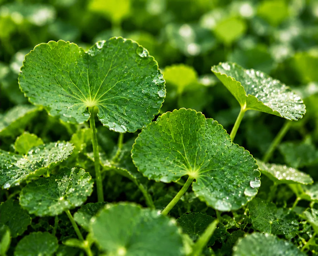 Dew-covered Centella asiatica leaves.