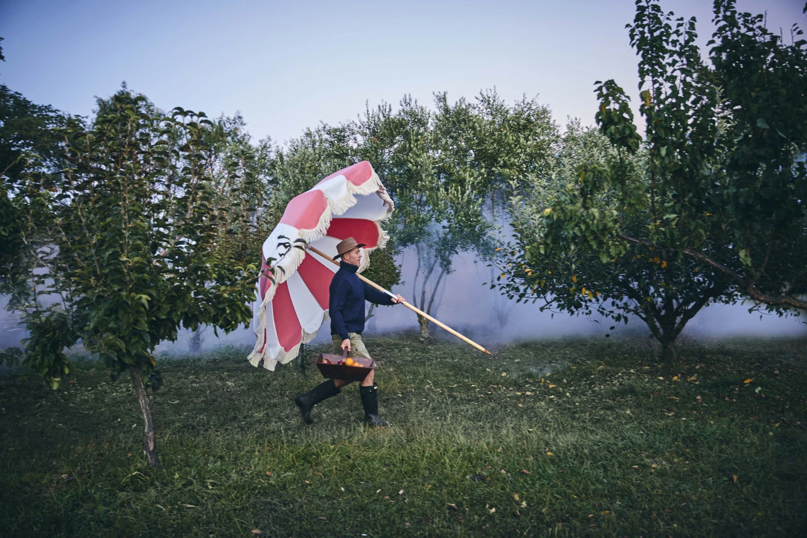 Craig Andrade walking through an orchard carrying a striped parasol and a basket of fruit.